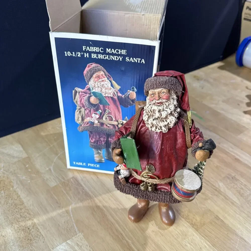 Kurt Adler Santa’s World Fabric Mache 10.5” Burgundy Santa w/ Toys & Box VTG